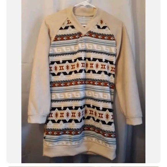 Aztec Southwestern Jersey knit V-neck sweater top S Beige Rust Black Tunic LS - Picture 2 of 2